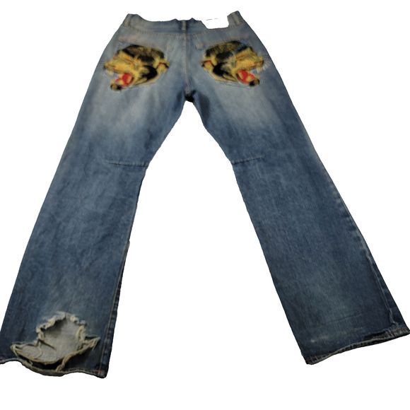 Ed Hardy Jeans Mens 34x34 Blue Denim Straight Leg Tiger Embroidery Distressed - Picture 1 of 16